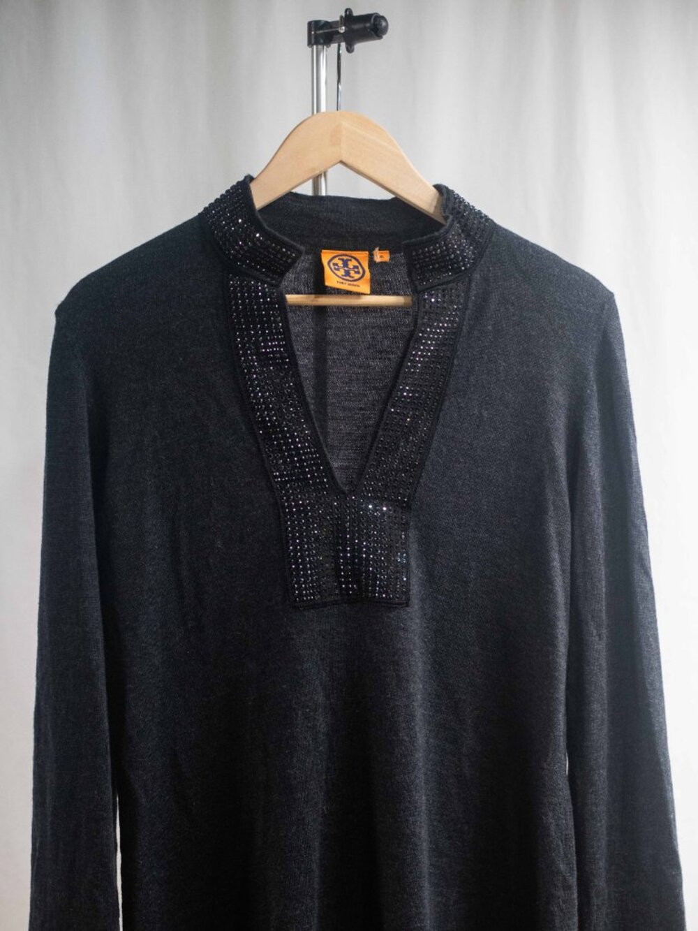 Tory Burch Womens Black 100% Merino Wool Studded Long Sleeve Knit Blouse - Picture 3 of 7